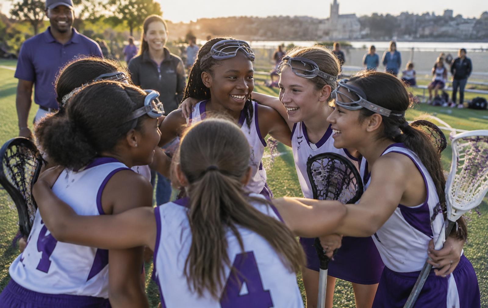 New Rochelle youth lacrosse teammates in a huddle