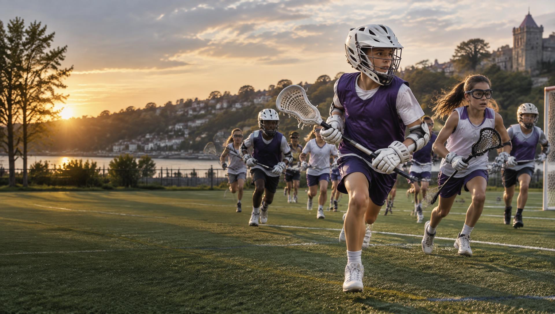 Youth lacrosse players charging onto the field